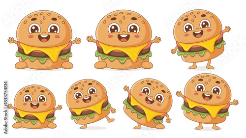 Cute kawaii happy smiling cartoon vector hamburger cheeseburger characters collection posing and standing in different joyful stances isolated on white background, perfect graphic illustration for fas