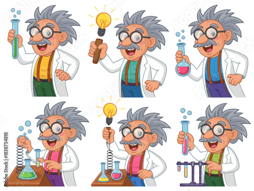 Cheerful vector illustration set of a cartoon scientist or professor character, an expert chemist, enthusiastically performing science experiments, symbolizing discovery, innovation, and knowledge in
