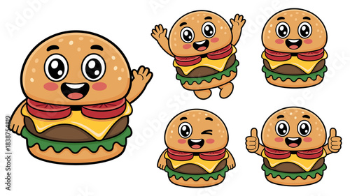 Adorable kawaii hamburger or cheeseburger cartoon mascot character set featuring multiple happy and friendly poses, including waving, winking, and thumbs up, a cheerful vector graphic illustration bun