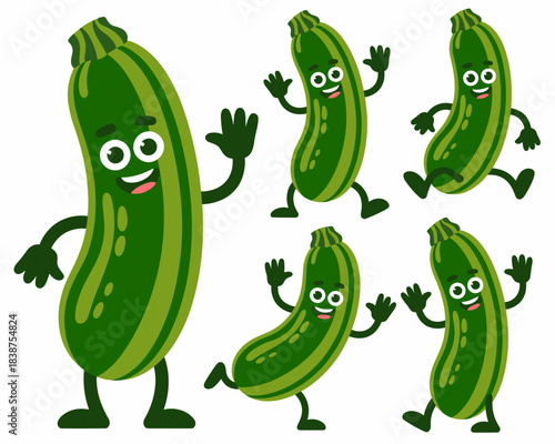 Cheerful zucchini and courgette vegetable cartoon mascot characters waving and actively running, a dynamic flat vector illustration set promoting healthy food, dieting, and vegetarian lifestyles for v