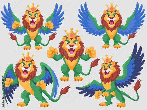 Professional vector cartoon winged lion griffin mascot king character set in vibrant green and blue colors, displaying powerful dynamic poses for fantasy gaming, sports branding, logo design, and maje