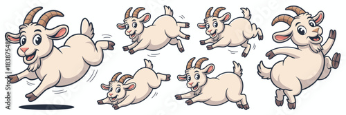 Cute cartoon baby goats jumping and running set, a cheerful collection of energetic farm animal characters leaping happily in various dynamic poses, vector illustration for kid's educational materials