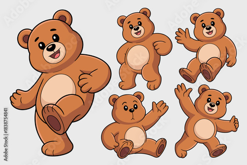 A charming set collection of five adorable brown teddy bear cartoon mascot characters displaying various happy poses, running, walking, sitting, and excitedly waving, ideal vector graphic illustration