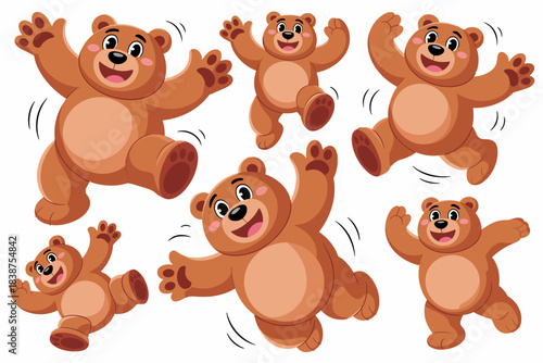 Six delightful, adorable cartoon brown bears jumping and running with joyful energy, a cheerful, dynamic vector illustration of happy teddy bear cubs bouncing excitedly, an engaging design element for