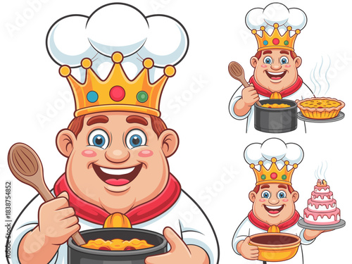 Cheerful cartoon chef king mascot wearing a royal crown and toque, happily cooking and stirring a gourmet meal in a pot while presenting delicious baked goods like pie and celebratory layered cake, id
