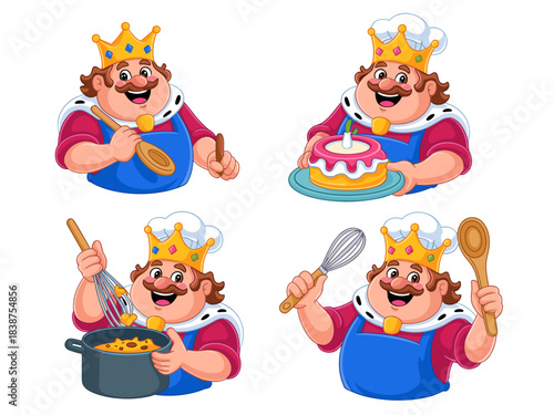 Cheerful cartoon king chef mascot, dressed in a royal crown and blue apron, actively cooking, baking, and preparing food, holding essential kitchen utensils like a whisk and wooden spoon, presenting a