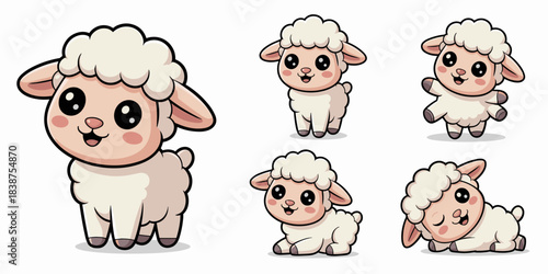 Adorable collection of six different poses of happy baby sheep lambs, isolated vector cartoon illustration set, perfect for children's designs, educational materials, nursery decor, and playful agricu