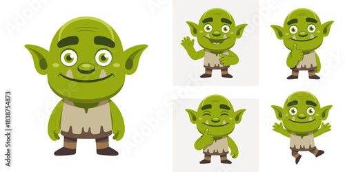 Cute green cartoon orc or goblin character mascot set showing five friendly poses, including waving, thinking, and giving a happy thumbs up, perfect vector illustration for fantasy game design, fun ed