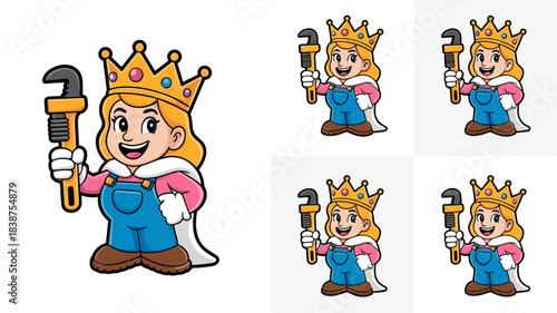 Cheerful female plumber queen mascot cartoon illustration holding an adjustable pipe wrench symbolizing reliable repair, home maintenance service, and skilled tradeswoman expertise, ideal vector graph