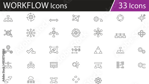 Workflow and process icons set, organizational structure visuals, system analysis and decision-making symbols, vector pack for business management, software engineering, data flow