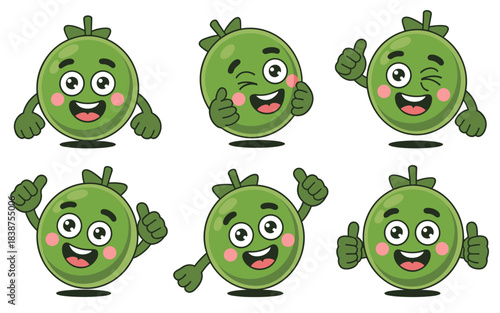 Kawaii green citrus fruit mascot characters collection demonstrating various positive emotions like cheerful happiness and approval with thumbs up gestures, ideal cartoon vector illustration for kids,