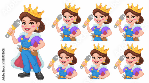 Cheerful female cartoon character, a capable Queen technician wearing a golden crown, regal cape, and blue work overalls, confidently holding an adjustable wrench tool for maintenance and repair. Empo