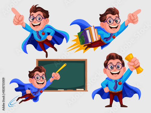Cheerful superhero teacher character wearing glasses and a cape flying dynamically in various poses including carrying books, pointing directions, holding a pointer near a blackboard, and celebrating