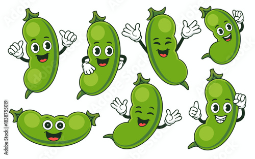 A collection of seven happy broad bean and fava bean pod cartoon mascots illustrating healthy eating, nutrition, and vegan food options, showing cheerful smiles and waving hands, perfect vector illust