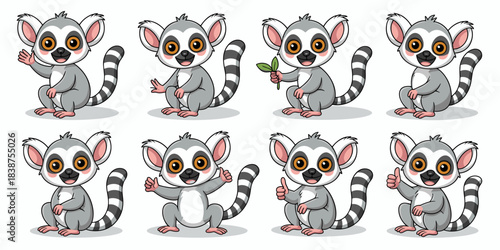 Adorable ring-tailed lemur cartoon mascot character set posing and sitting, expressing happiness and different positive gestures like a cheerful greeting wave and thumbs up, perfect vector illustratio