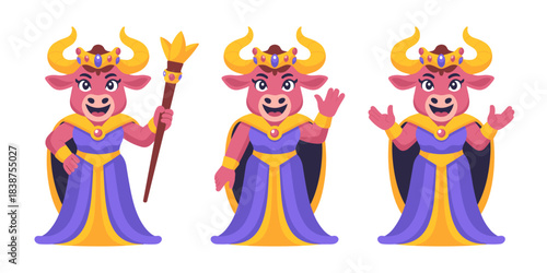 Anthropomorphic pink bovine goddess queen mascot character wearing royal purple and gold attire, a crowned monarch holding a scepter, symbolizing strong leadership, power, and authority in this charmi