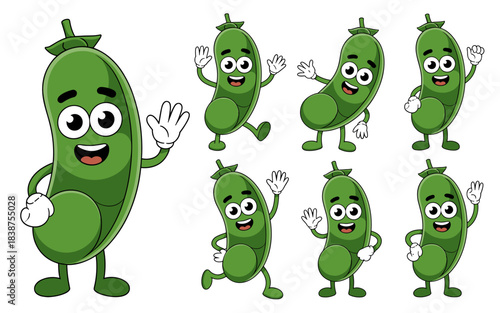 Green pea pod vegetable mascot cartoon character vector illustration set displaying multiple cheerful poses: waving, running, standing, and expressing happiness; ideal for food marketing, healthy eati