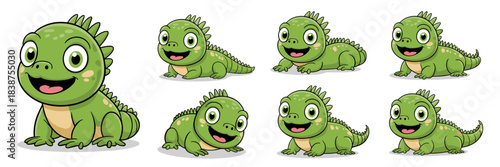 Adorable cute baby green iguana lizard cartoon character graphic illustration set showing various friendly and cheerful poses isolated on a clean white background, perfect design resource for kids, ed