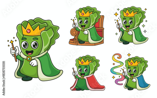 Adorable cartoon cabbage vegetable monarch character set wearing a golden crown and regal green cape, posing with a magic wand and casting colorful spells, an enchanting vector illustration ideal for