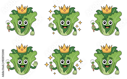 Vibrant seamless pattern featuring a joyful leafy green lettuce cabbage king mascot character wearing a royal gold crown and holding a glowing carrot scepter in a stylized retro cartoon doodle style,