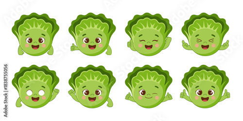 Set of eight adorable kawaii cartoon lettuce vegetable icons showcasing expressive happiness, thumbs up, and friendly winks, vibrant flat vector illustration for organic food marketing, healthy lifest
