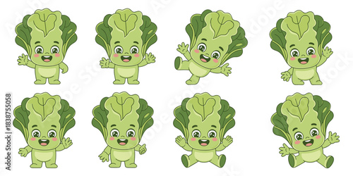 Cute kawaii bok choy vegetable mascot character collection bundle in eight diverse action poses, standing, jumping, and sitting, offering a playful, vibrant vector illustration set for children's heal