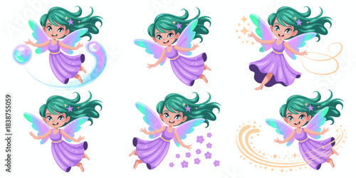Adorable fantasy little girl fairy character vector set, a cheerful magical pixy flying and casting sparkling spells with vibrant teal hair, purple dress, and iridescent holographic wings, offering wh