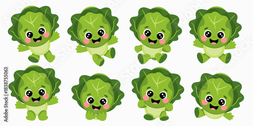 A joyful collection of eight cute kawaii green vegetable characters, resembling happy Brussels sprouts or small cabbages, featuring big expressive eyes, rosy cheeks, and playful body poses, perfect ve