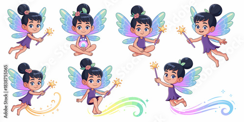 Whimsical set of cute little cartoon fantasy girls (fairies, pixies, sprites) flying, sitting, and casting magic with glowing star wands and iridescent rainbow wings; enchanting vector character illus