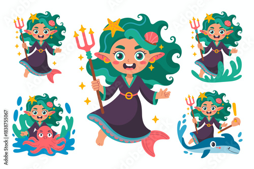 Whimsical cartoon sea queen character and mythological deity vector illustration collection, featuring a happy fantasy mermaid holding a golden trident, swimming with ocean animals like octopus and do