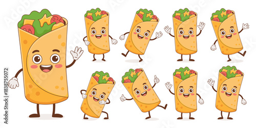 Cute happy cartoon burrito characters, Mexican food wrap mascot design set posing and smiling, walking and waving hands, cheerful engaging vector illustration isolated on clean white background, vibra