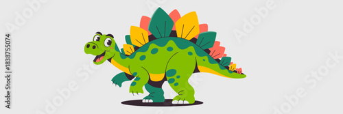 A cheerful green cartoon Stegosaurus dinosaur character mascot smiling happily, featuring large colorful segmented plates (yellow, coral, teal) along its spine and a spiky tail, presented as a cute ve
