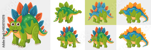 A delightful collection of cute cartoon Stegosaurus dinosaurs and friendly prehistoric reptile characters standing in various cheerful poses, vector illustration set featuring bright green skin, blue