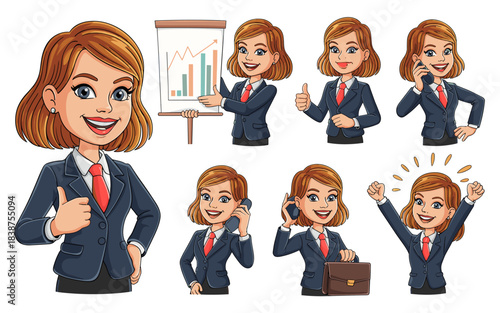 Confident cartoon businesswoman character collection demonstrating business success, financial growth, and corporate communication; the professional female manager is presenting a market chart, celebr