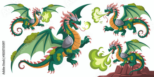 Powerful green fantasy dragon character set breathing toxic chemical gas and smoke in aggressive flight and attack poses, vector illustration assets depicting legendary medieval armored monsters for g