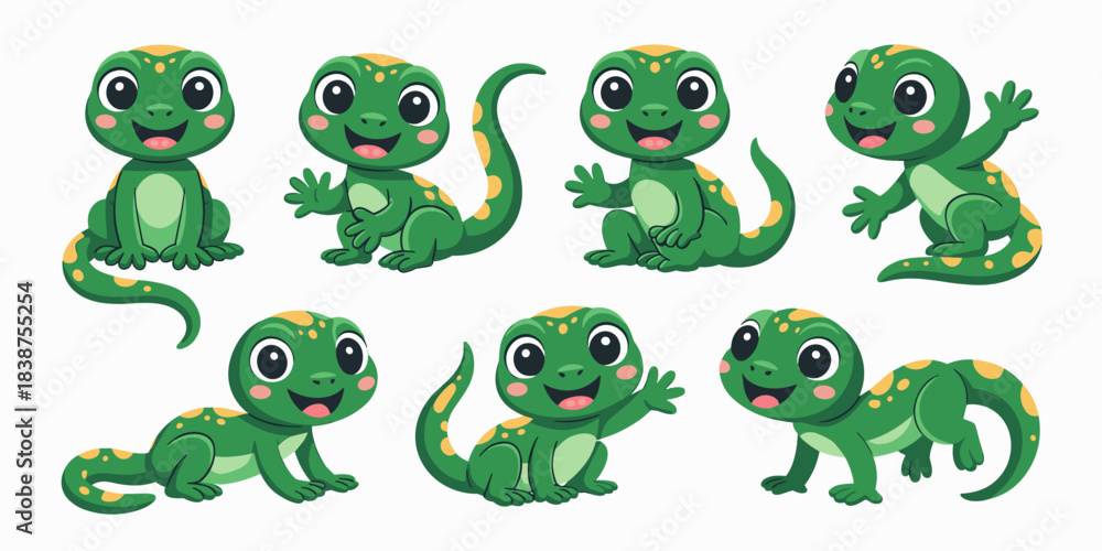 Fototapeta premium Seven adorable cartoon baby green geckos, colorful tropical reptiles, posing and cheerfully waving with big expressive eyes, a friendly vector illustration bundle perfect for wildlife education, playf