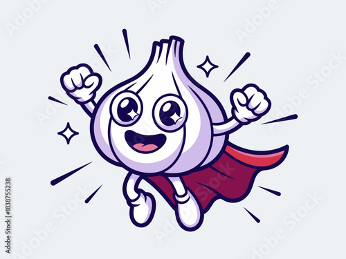 Adorable white garlic bulb vegetable character wearing a flowing red cape soaring high like a funny superhero, a dynamic cartoon vector illustration promoting healthy eating, powerful immune boosting