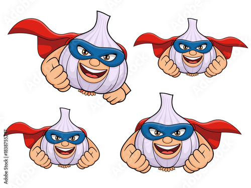 Powerful animated cartoon garlic super hero character mascot flying dynamically, wearing a red cape and blue mask, promoting exceptional health, strength, and immune vitality for fun food advertising,