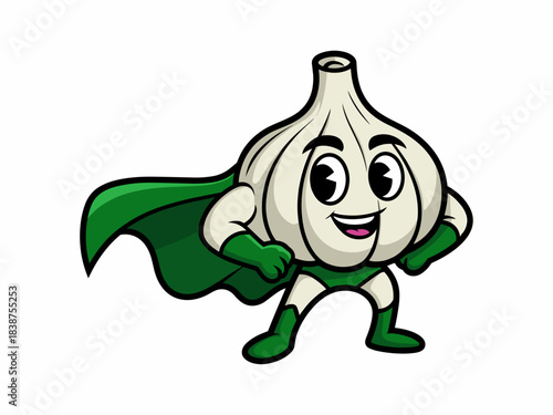 Dynamic superhero garlic bulb mascot character vector illustration, isolated on white, symbolizing powerful health, fresh food, and nutrition for modern wellness advertising, branding, and marketing p