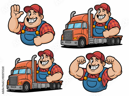 Strong blue-collar cartoon trucker character winking, waving, and flexing muscles while driving powerful transport semi-trucks, detailed vector illustration for dependable logistics, hauling, delivery
