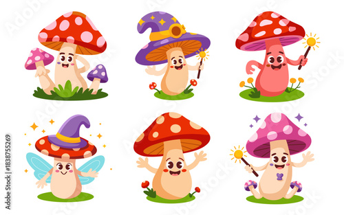 Whimsical collection of six cute magical mushroom characters and fungi, personified as smiling fairy and wizard mascots, vibrant flat vector illustration set perfect for kids' design, fantasy gaming,