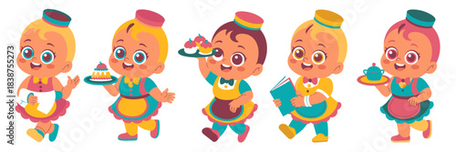 Adorable baby waiters and waitresses serving food and drinks, carrying cakes, cupcakes, menus, and trays. Cheerful vector cartoon illustration set depicting cute toddlers in professional hospitality u