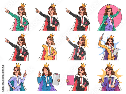 A determined professional businesswoman leader collection showcasing strong female empowerment, success, and corporate authority, featuring a motivated manager wearing a regal golden crown and vibrant