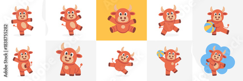 Adorable cartoon red ox or baby bull mascot character vector illustration set displaying ten different cheerful action poses including balancing, running, and playing with a ball, perfect for festive