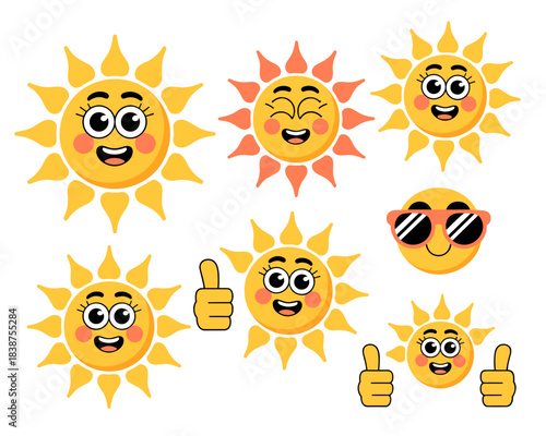 Cheerful cute sun cartoon characters and joyful emojis vector illustration set displaying bright happy faces, smiling, laughing, thumbs up approval, and cool sunglasses for summer design, website, or