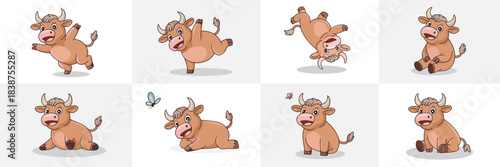 A cute cartoon ox character illustration set showing different playful and dynamic poses like running, sitting, and balancing, perfect for children's educational content, vector graphic resources, mar