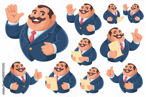 Successful vector illustration set of a cheerful corporate executive mascot figure waving, presenting documentation, and giving confident thumbs up or pointing instruction; happy overweight manager ch