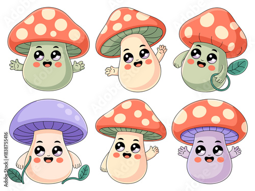 Six cute adorable kawaii cartoon mushroom and toadstool characters smiling happily, a playful vector set of friendly fantasy fungi mascots ideal for children's education, digital media, website market