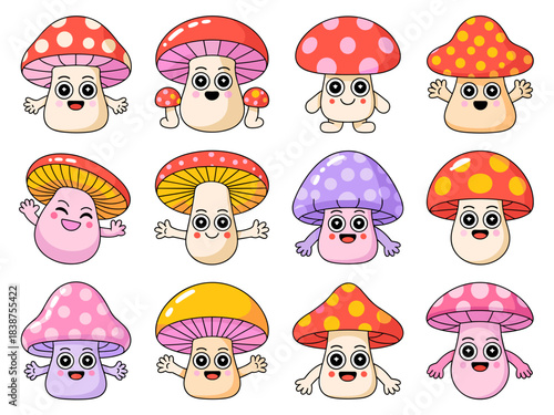 Adorable kawaii collection of twelve cheerful fungi characters vector illustration bundle, featuring happy smiling toadstool mascots with big eyes and colorful dotted caps in red, purple, and pink, id