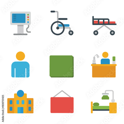 Hospital service illustration set, wheelchair bed monitor patient room building symbols, medical facility management, clean flat vector design collection